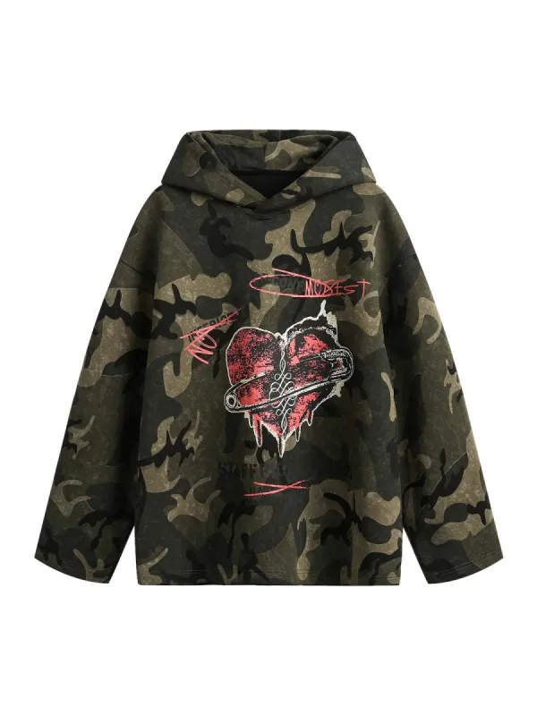 Vintage Camouflage Flame Heart Print Hoodie sold by Thesupermade
