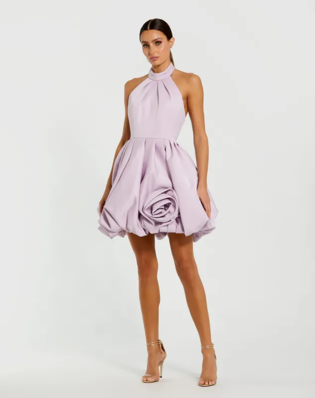 Purple Halter Neck Bubble Hem Satin Mini Dress sold by Mac Duggal