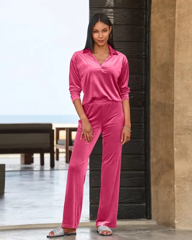 Chic Velour Collared V Neck Wide Leg Pant Set Pink sold by Boston Proper