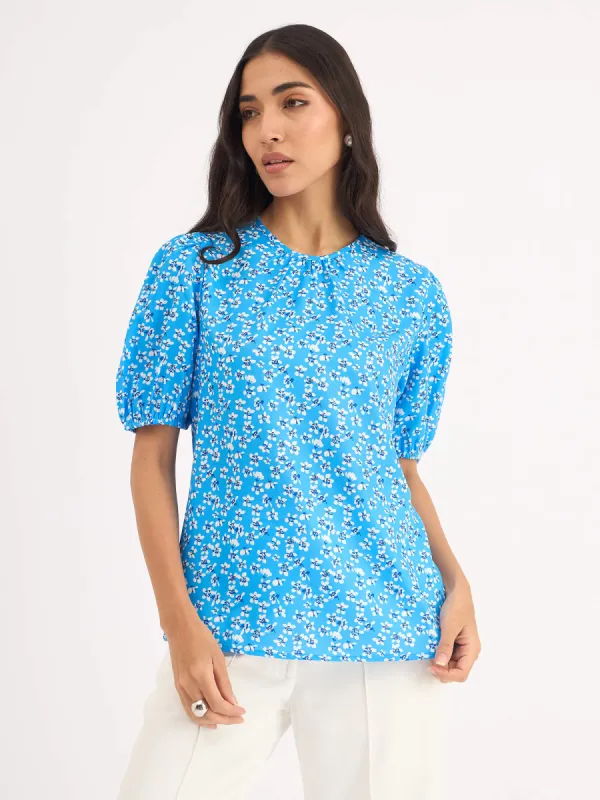 Verdance Puff Sleeve Pleated Neck Top - Blue sold by Salt Attire