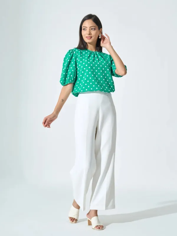 Kenny Puff Sleeve Pleated Neck Top - Green & White sold by Salt Attire