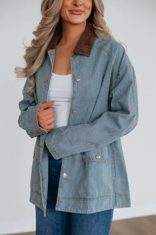 Harlan Striped Denim Jacket - Light Wash sold by Wild Oak Boutique