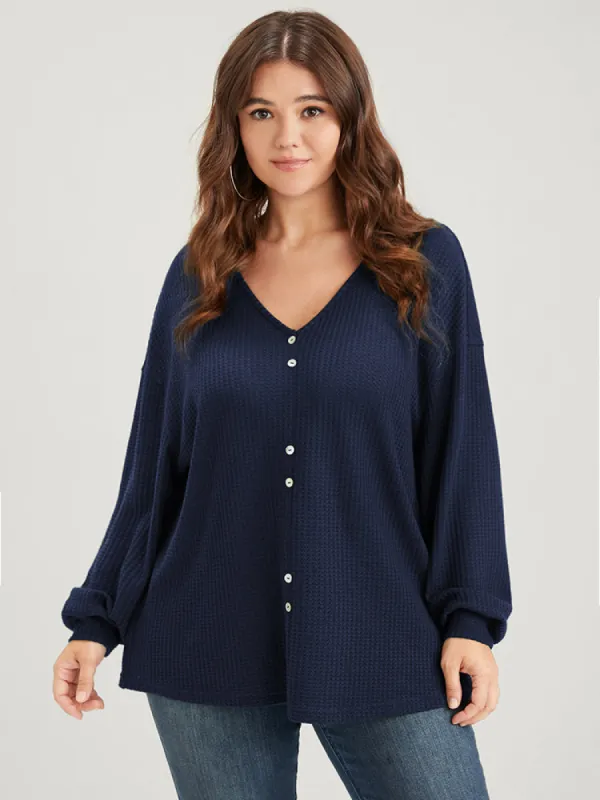 Solid Fake Button Waffle Knit Drop Shoulder Sweatshirt sold by Bloomchic