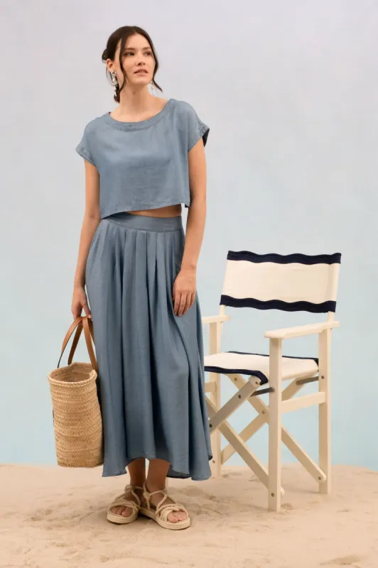 CHAMBRAY PLEATED MIDI SKIRT sold by Blu Pepper