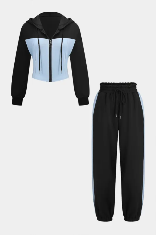 Hooded Patchwork DrawString Zippper Langærmet top og Ruched Bukser Set sold by Micas