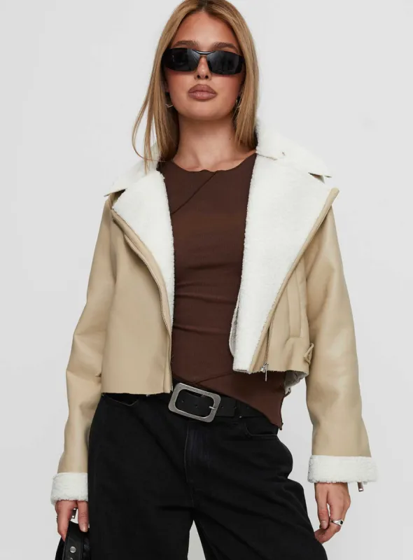 Shearling Trim Faux Leather Jacket Beige sold by Princess Polly