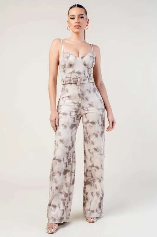 CHIC TIE DYE HOTFIX STUDDED WAIST BELTED JUMPSUIT sold by privy