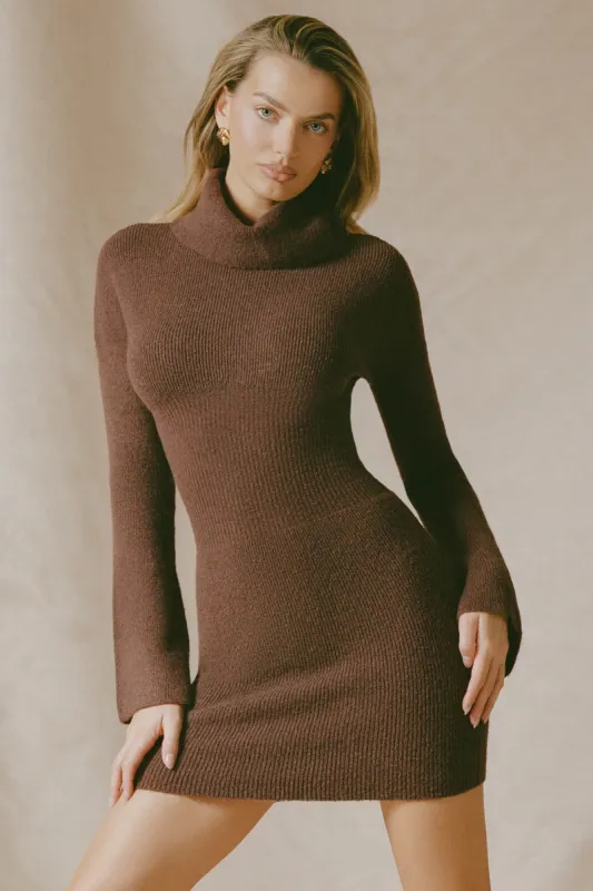 Ribbed-Knit Turtleneck Mini Jumper Dress in Espresso sold by Oh Polly