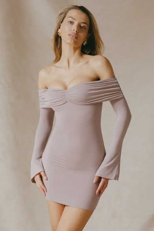 Modal-Cashmere Blend Off-Shoulder Ruched Mini Dress in Taupe sold by Oh Polly