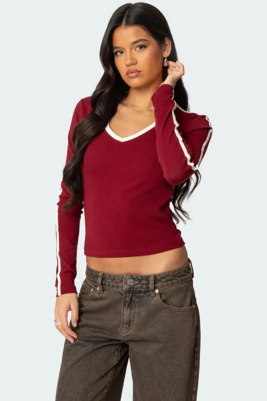 Contrast V Neck Long Sleeve T Shirt sold by Edikted