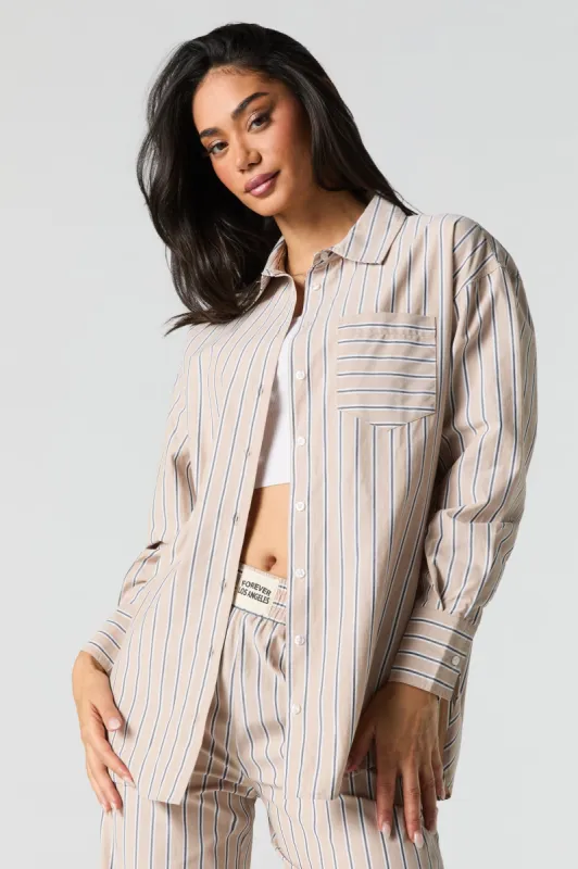 Poplin Striped Button-Up Long Sleeve Top sold by Urban Planet