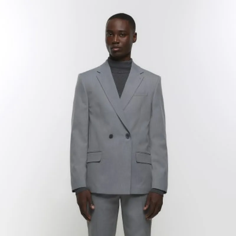 Grey Twill Double breasted Suit Jacket sold by River Island