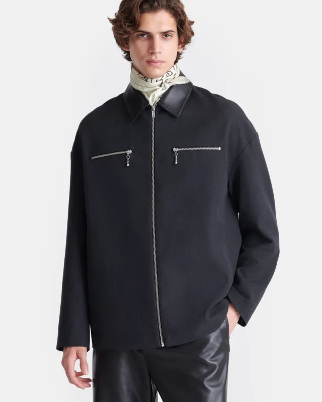 Malachi - Wool Twill and Regenerated Leather Jacket - Grey Melange/Black sold by Nanushka