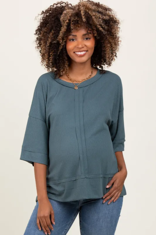 Teal Ribbed Boxy Fit Short Sleeve Maternity Top sold by Pinkblush