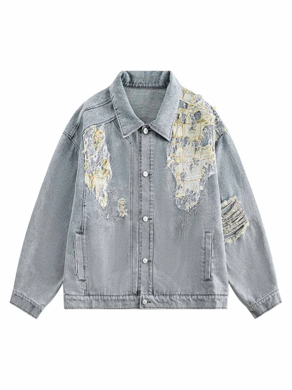 Washed Ripped Lace Spliced Denim Set sold by Thesupermade