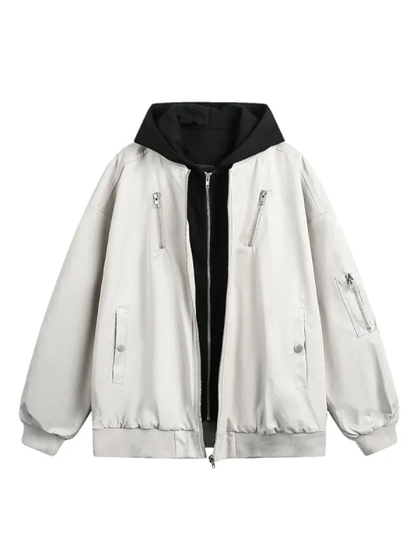 Faux Two-Piece Multi Pocket Spliced Hooded Bomber Jacket sold by Thesupermade