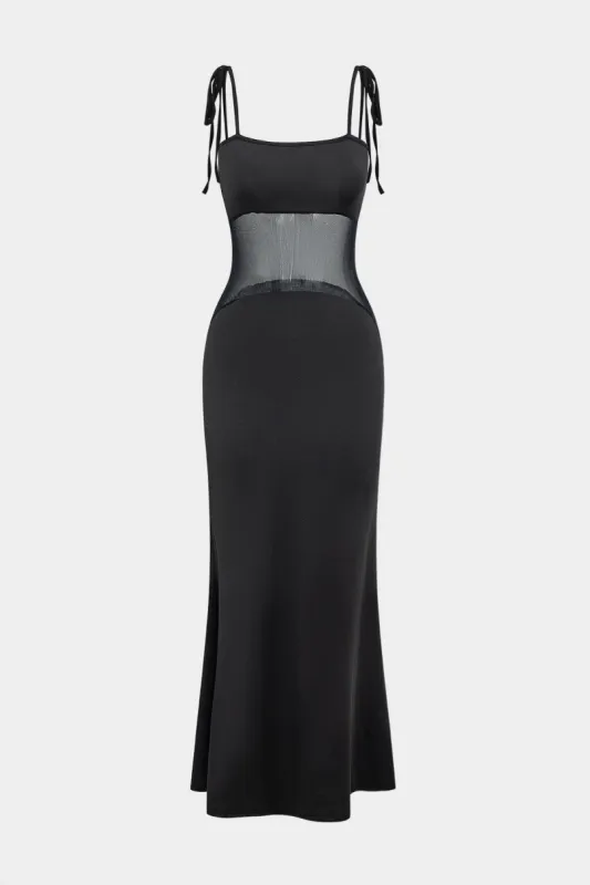 Mesh Patchwork Tie op rygfri slip maxi kjole sold by Micas