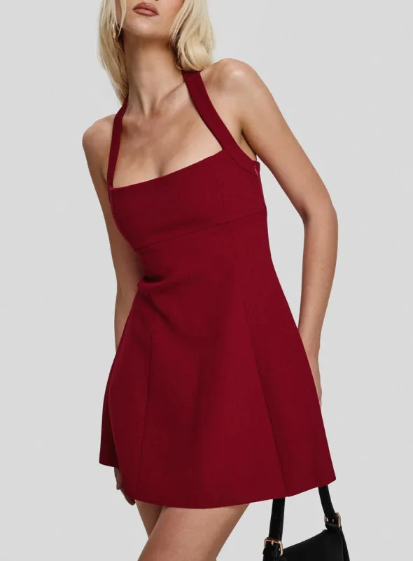 Alyn Halter Mini Dress Wine Red Petite sold by Princess Polly