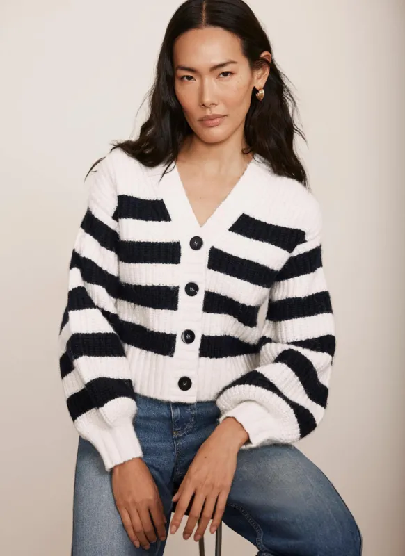 Navy Stripe V Neck Cardigan sold by Mint Velvet