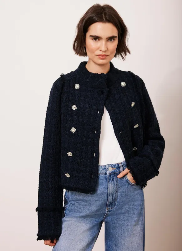 Navy Cotton Blend Boucle Knit Jacket sold by Mint Velvet