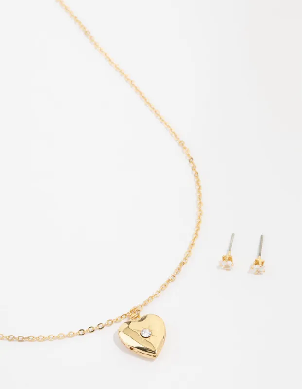 Gold Plated Cubic Zirconia Heart Locket Necklace & Stud Earrings Set sold by lovisa