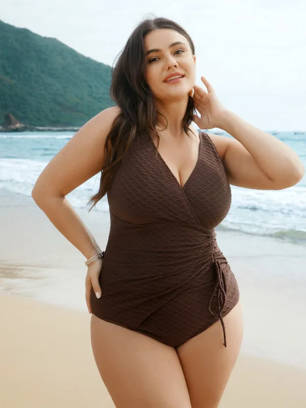 Ruched Drawstring Surplice Neck One-Piece Swimsuit sold by Bloomchic
