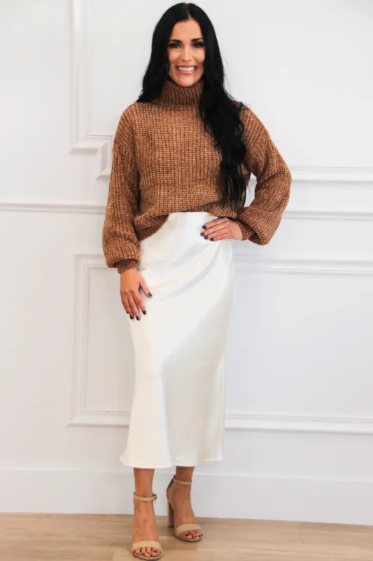 Winter Wishes Chenille Turtleneck Sweater: Deep Camel sold by Bella and Bloom