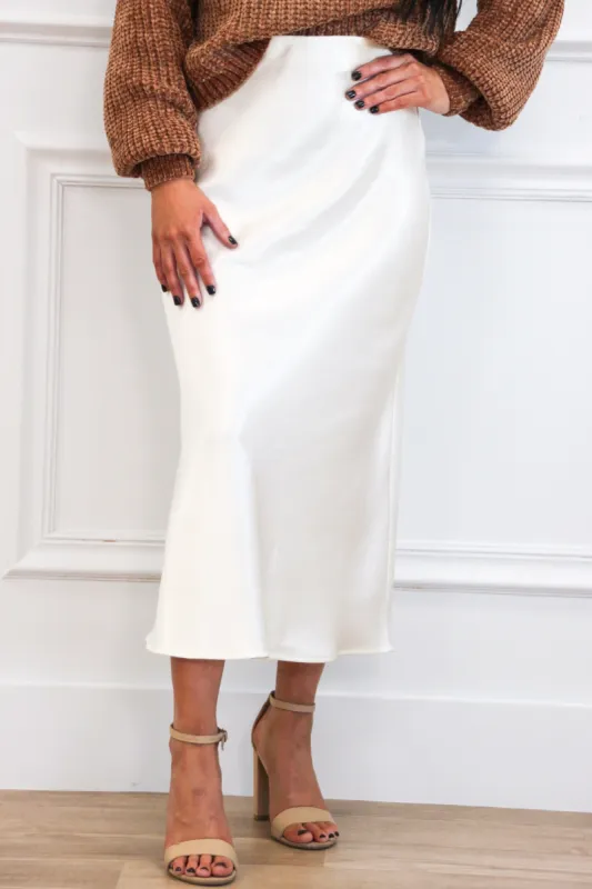 Maizie Satin Midi Skirt: Cream sold by Bella and Bloom