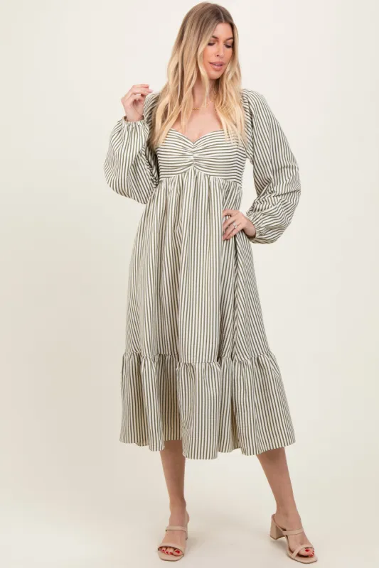 Olive Striped Ruched Bodice Balloon Sleeved Midi Dress sold by Pinkblush