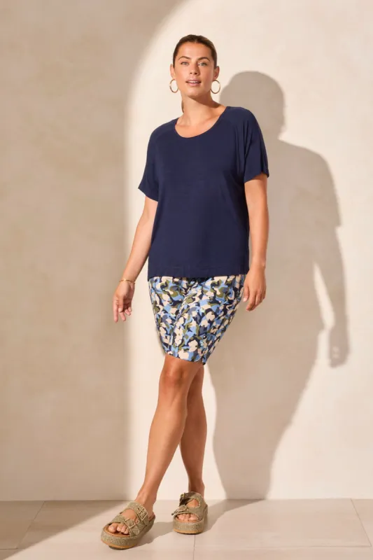FLOWY JERSEY CREW NECK TOP WITH SHIRRED BACK-Jet Blue sold by Tribal