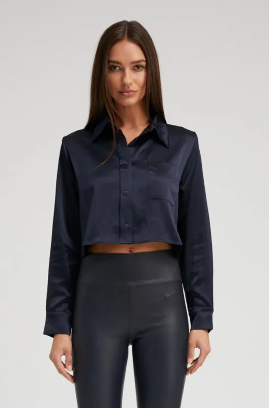 Navy Silk Cropped Button Down sold by SPRWMN