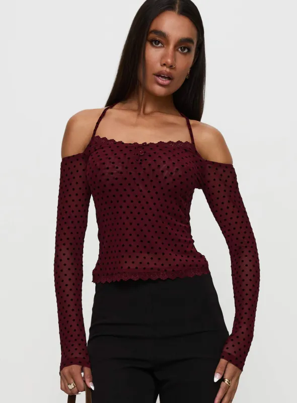 On My Side Off Shoulder Tie Neck Top Burgundy sold by Princess Polly