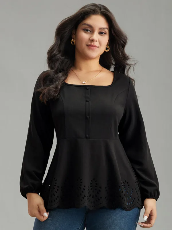 Plain Laser Cut Button Detail Blouse sold by Bloomchic