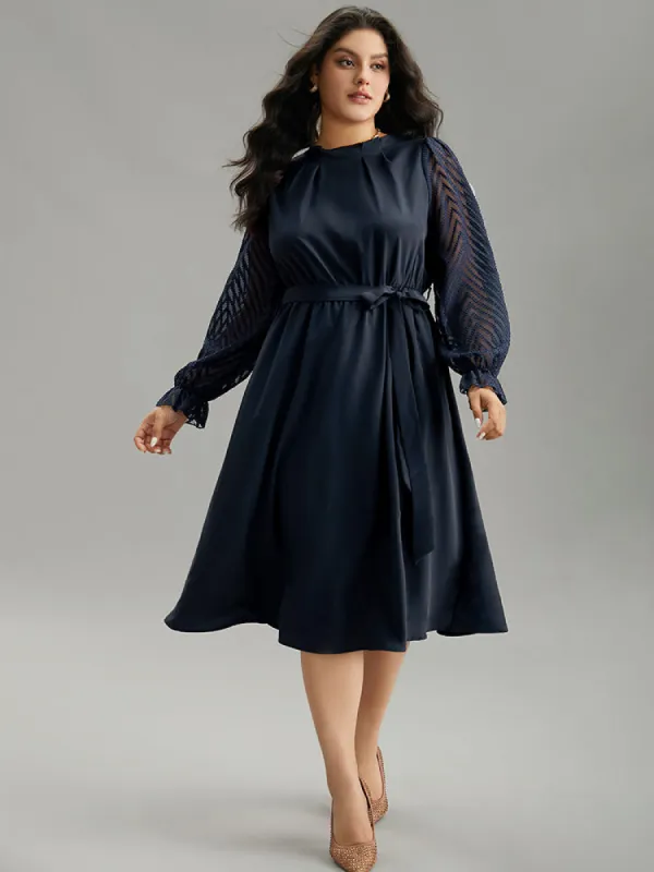 Twill Mesh Patchwork Belted Plicated Detail Dress sold by Bloomchic