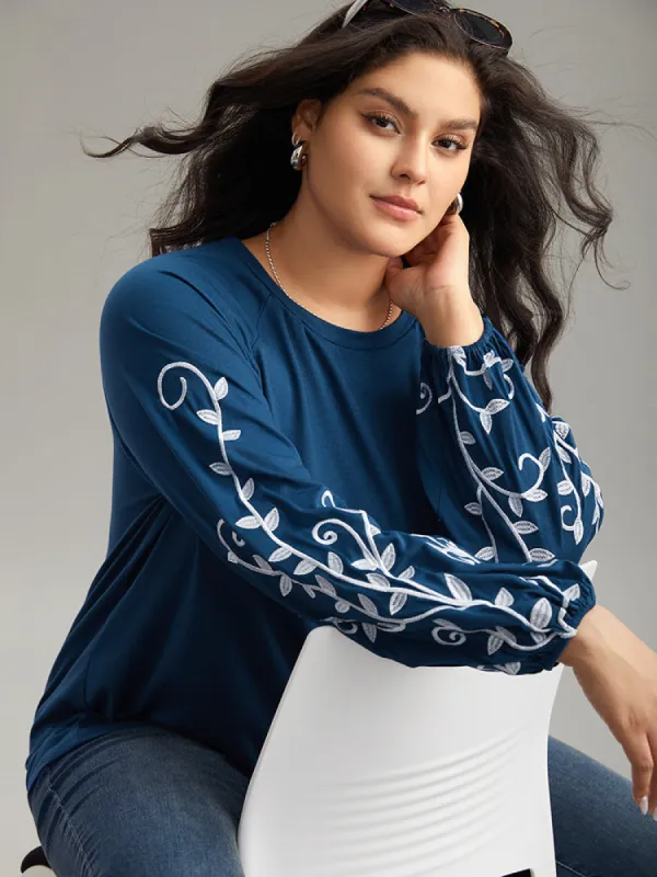 Floral Embroidered Contrast Raglan Sleeve T-shirt sold by Bloomchic