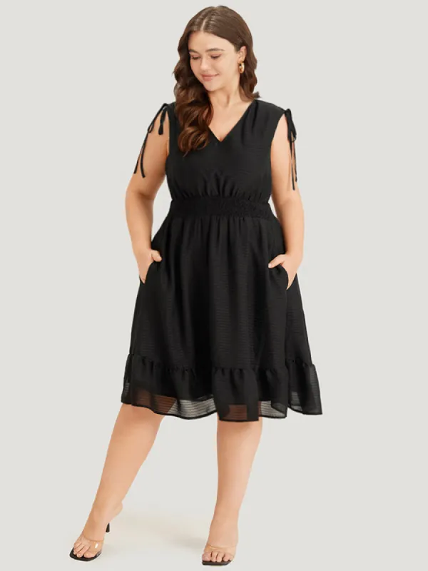 Plain Shirred V Neck Pocket Drawstring Sleeveless Dress sold by Bloomchic