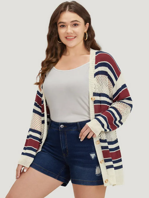 Striped Hollow Out Patchwork Button Detail Cardigan sold by Bloomchic