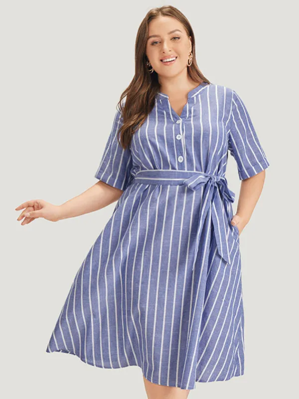 Striped Print Belt Pocket Notched Button Up Dress sold by Bloomchic