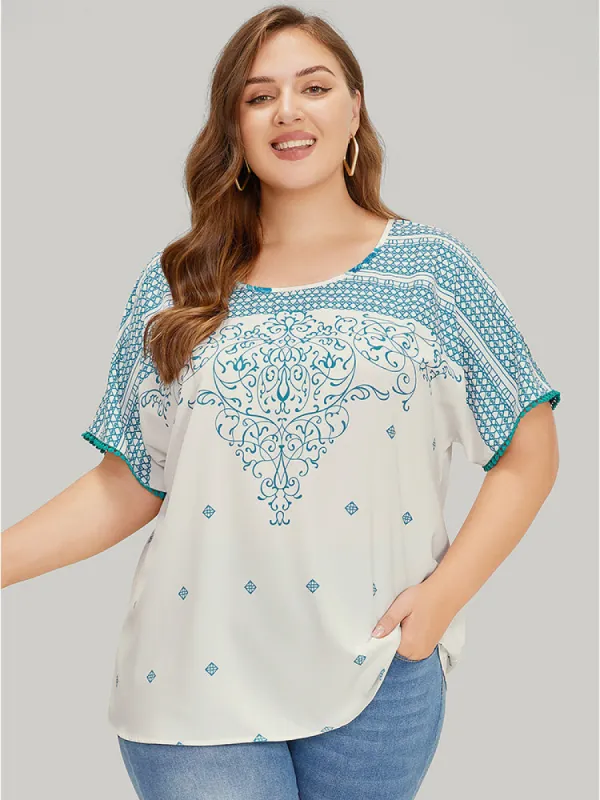 Moroccan Print Batwing Sleeve Pompom Trim Blouse sold by Bloomchic