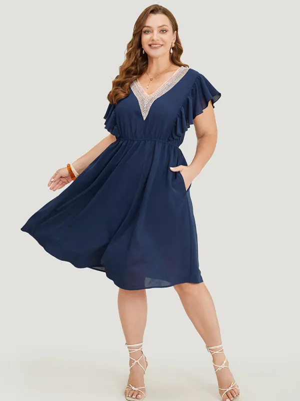 Solid Contrast Lace V Neck Pocket Flutter Trim Dress sold by Bloomchic