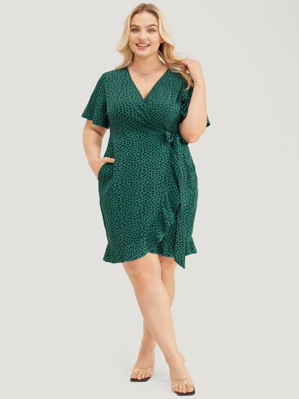 Leopard Wrap Pocket Ruffle Trim Knot Side Dress sold by Bloomchic