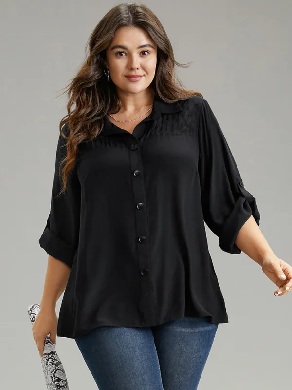 Solid Button Through Roll Tab Sleeve Blouse sold by Bloomchic