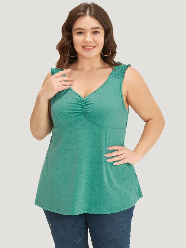 Plain V Neck Ruched Shirred Tank Top sold by Bloomchic