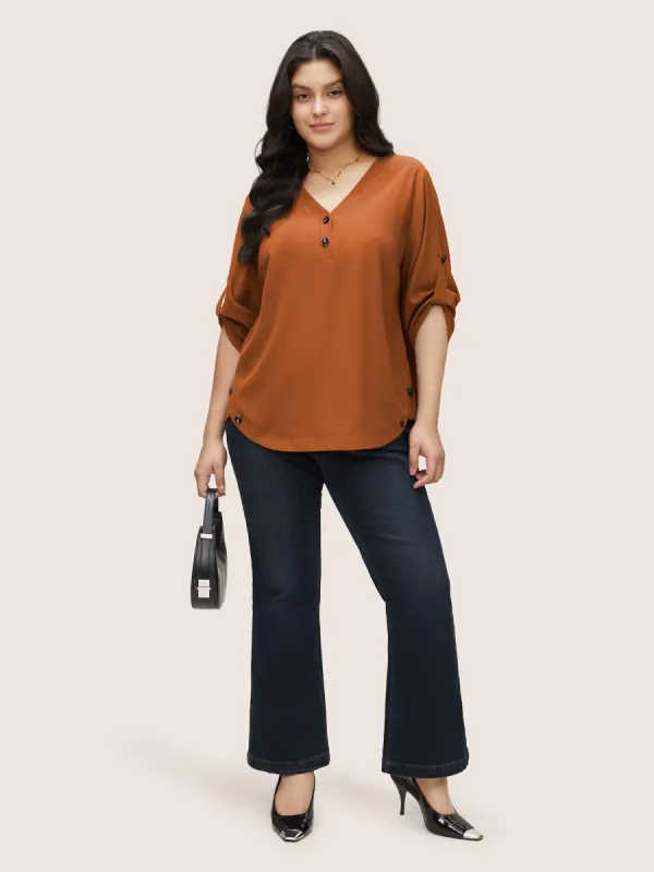 Anti-Wrinkle Button Detail Curved Hem Tab Sleeve Blouse sold by Bloomchic