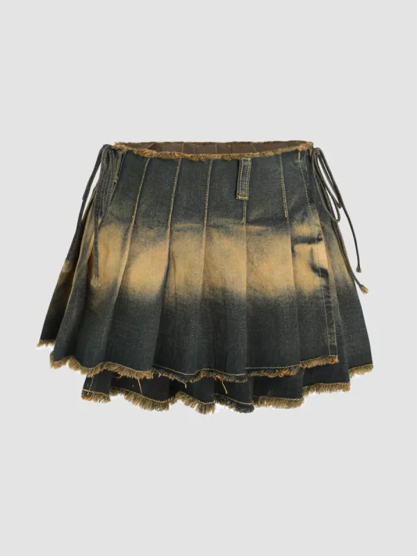 Cowboy Jean Skirt Western Outfits Denim Denim Washed Raw Hem Pleated Knotted Mini Skirt For Daily Casual Music Festival/Live House sold by Cider