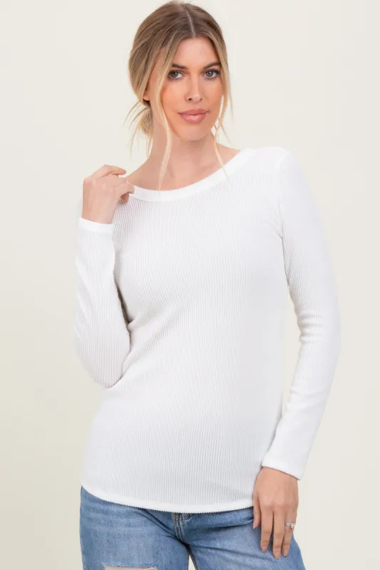 Ivory Ribbed Scoop Neck Long Sleeve Top sold by Pinkblush
