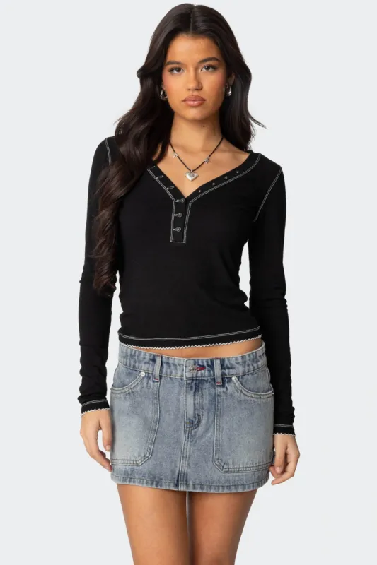 Yael Contrast Stitch Henley Top sold by Edikted