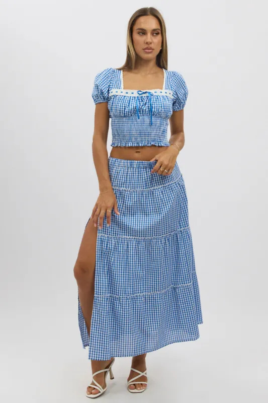 Blue Check Tiered Maxi Skirt Elastic Waist Slit Ruffle sold by Ally Fashion