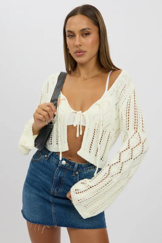White Crochet Tie Up Cardigan sold by Ally Fashion