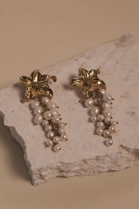 Eva Floral Fresh Water Pearl Earrings - Gold sold by Meshki